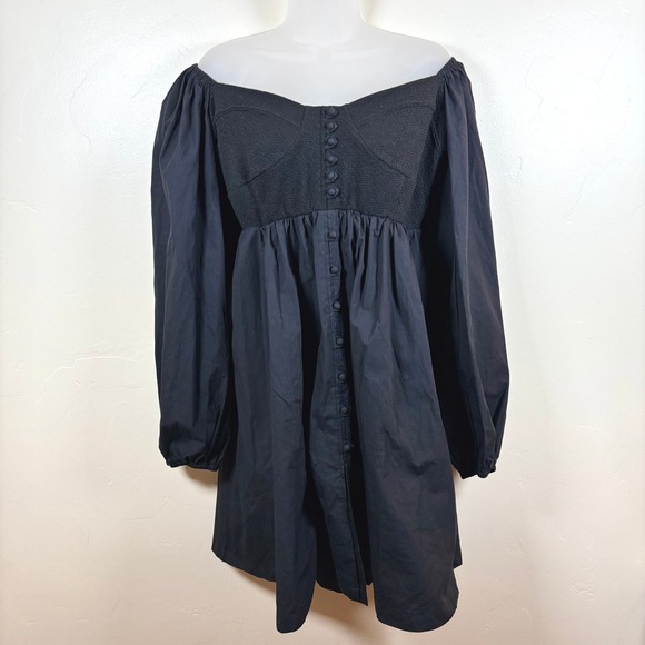 Böhme Off Shoulder Smocked Puff Sleeve Mini Dress XL Dark Cottage Witchy Gothic - Picture 1 of 10